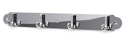 Kromad handdukshängare med fyra dubbelkrokar på en rektangulär bakplatta.