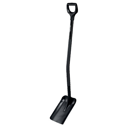 Svart skyffel med ergonomiskt handtag och rak, bred bladform.