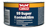Rund konservburk med blå etikett och vit text, märkt "casco S9 Super Kontaktlim". Innehållsbeskrivning på sidan.