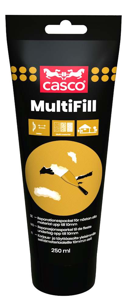 Svart tub med texten "Casco MultiFill 250 ml" samt ikoner för användningsområden.