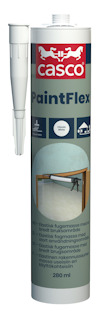 Kassett med Casco PaintFlex fogmassa och en applikationstopp på sidan, etikett med produktinformation.