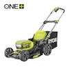 Grön och svart gräsklippare med handtag och hjul, märkt "RYOBI" och "ONE+ 18V".