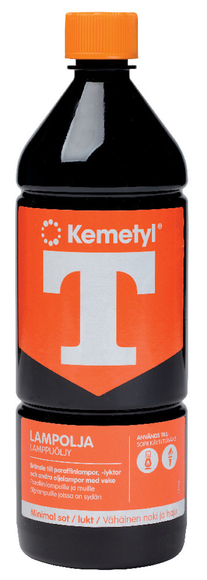 Flaska med orange och vit etikett, text "Kemethyl T LAMPOLJA". Orange skruvkork.