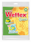 Förpackning med tre gula Wettex-disktrasor, dekorerade med fruktmönster, märkta med "100% Biodegradable & Compostable".