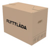 Brun kartong med texten "FLYTTLÅDA" i svart. Har handtagshål och illustrationer av monteringsanvisningar.