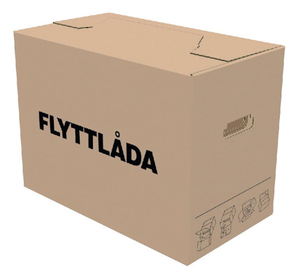Brun kartong med texten "FLYTTLÅDA" i svart. Har handtagshål och illustrationer av monteringsanvisningar.