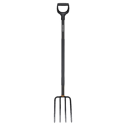 Grävgrep med svart skaft och fyra metalltänder.