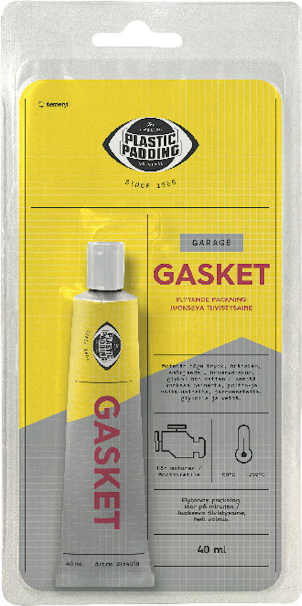 Förpackning med plasttub märkt "Plastic Padding Gasket" i grått och gult, innehåller 40 ml.