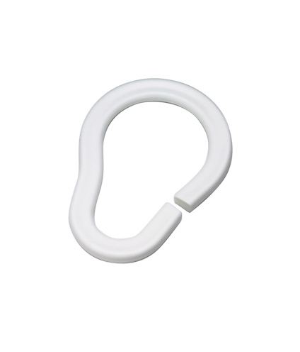 Vit, oval duschdraperiring med öppning i ena änden.