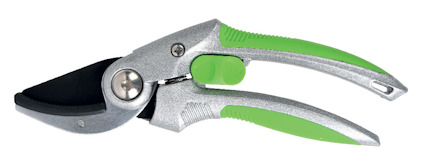 Sekatör med grönt och grått handtag, samt skär i metall.