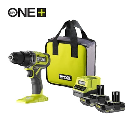 Borrskruvdragare, två batterier, laddare och bärväska i grönt och svart med RYOBI-logotyp.