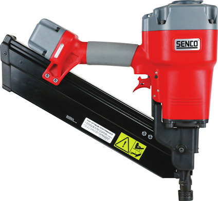 Spikpistol i röd och svart med märket "Senco" på sidan.