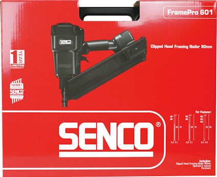 Röd förpackning med Senco FramePro 601 spikpistol. Text: "1 Year Limited", "Clipped Head Framing Nailer 90mm".