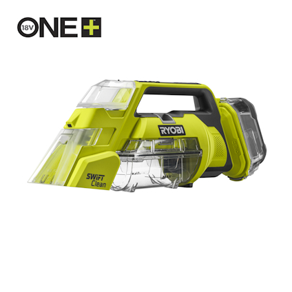 Grön och svart handhållen fläckborttagare med transparent sektion märkt "Swift Clean" och logotyp för Ryobi och One+ 18V.