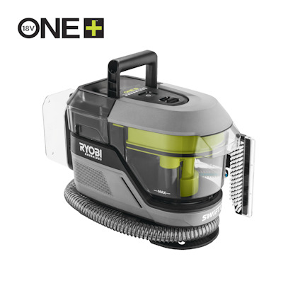 Bärbar, grå och grön 18V Fläckborttagare med transparent ehållare. Märkt "RYOBI".