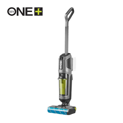 3-i-1 Skaftdammsugare i grått med blå borste av märket RYOBI, stående mot vit bakgrund. Text "18V ONE+" syns i övre vänstra hörnet.