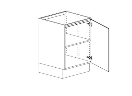 Köksunderskåp med en dörr, ett hyllplan och gångjärn.