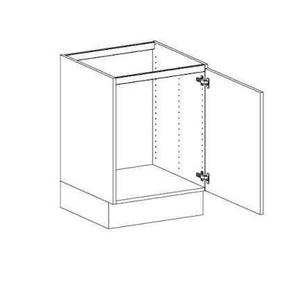 Ritning av bänkskåp utan inredning, med gångjärn.