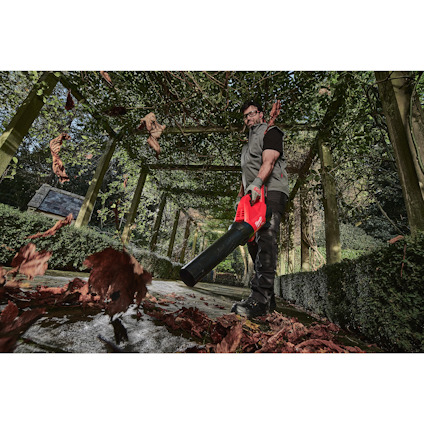 Person in glasses using a red and black leaf blower on a path covered with leaves, surrounded by greenery.