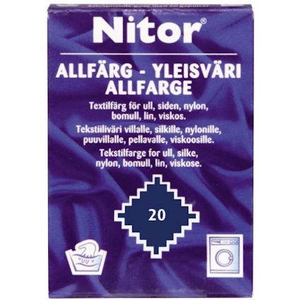 Förpackning med texten "Nitor Allfärg" och siffran "20", i marinblå färgton.