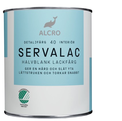 Vit målarfärg av märket Alcro Servalac halvblank 40, med text på burken och en logotyp med en val.