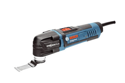 Oscillerande multiverktyg med blå och svart design, anslutet med kabel och märkt "Bosch Professional".