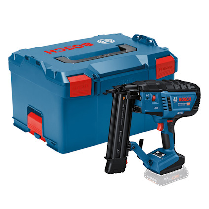 Blå och svart dyckertpistol med batterifack bredvid en stor blå förvaringslåda med röda detaljer och Bosch-logotyp.