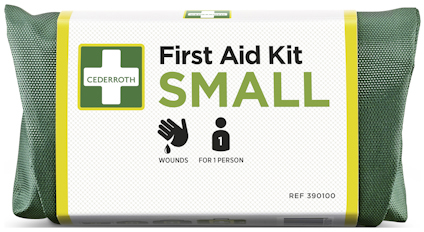 Första hjälpen-kit från Cederroth med texten "First Aid Kit SMALL," antal "1" och symboler för en hand och en person.