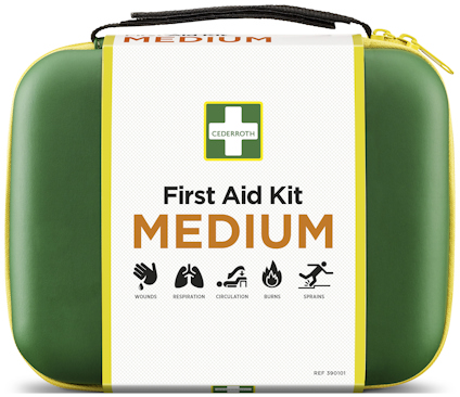 Grönt första hjälpen-kit med texten "First Aid Kit Medium". Innehåller ikoner för olika skador och har en gul dragkedja.