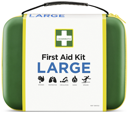 Grönt första hjälpen-kit med Cederroth-logga, texten "First Aid Kit LARGE", och gula dragkedjor.
