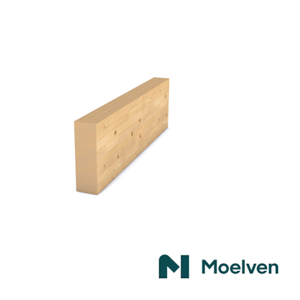 Rektangulär limträbalk av ljust trä på vit bakgrund, logotyp "Moelven" i nedre högra hörnet.