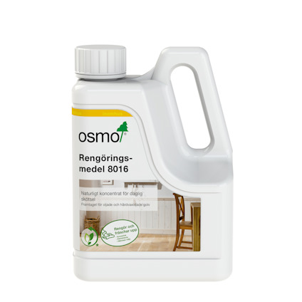 Vit plastflaska med etikett för OSMO Rengöringsmedel 8016, 1 liter. Text: "Naturligt koncentrat för oljade och hårdvaxoljade golv".