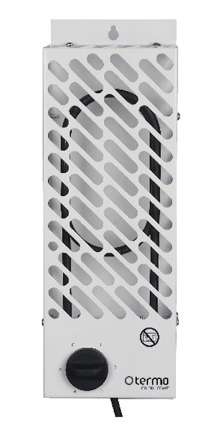 Vit apparat med ventilerad front, vred och märkningen "termo".