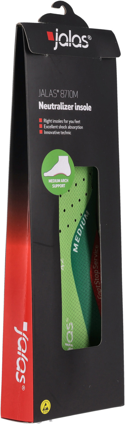 Förpackning med Jalas neutralizer sula, synlig del av grön innersula och text "JALAS 8710M Neutralizer Insole".