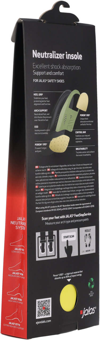 Förpackning för "Neutralizer insole" med text om stötdämpning och komfort.