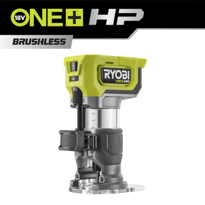 Handöverfräs med gröna och svarta detaljer, märkt "RYOBI ONE+ HP". Text "18V ONE+ HP Brushless" ovanför.