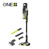 Skaftdammsugare med batteri av märket RYOBI, märkning "ONE+ 18V", och tillbehör som munstycke och borste mot vit bakgrund.
