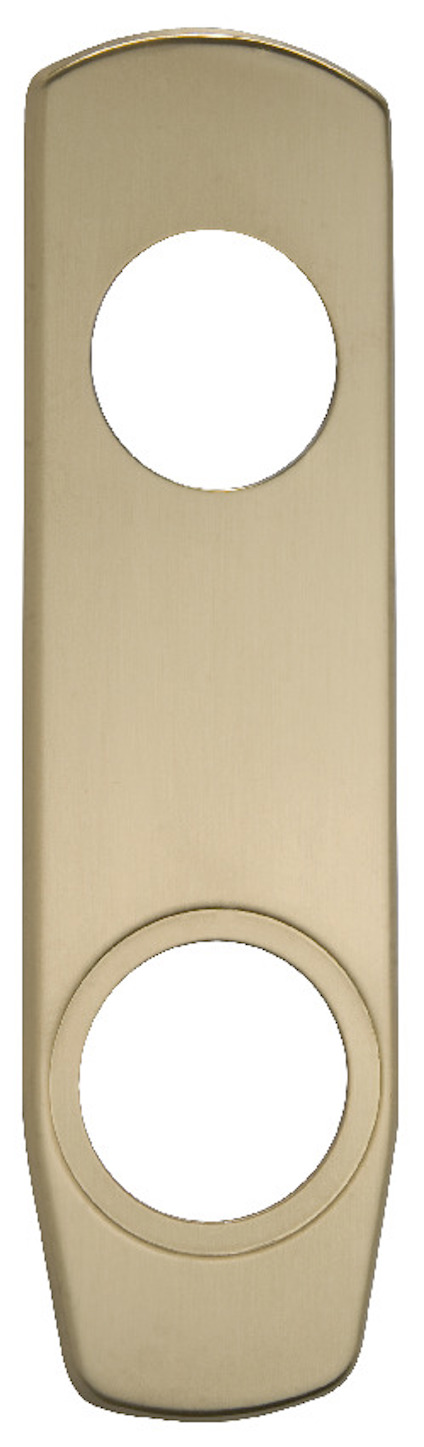 Avlång mässingsskylt med två runda hål, en upptill och en nedtill.