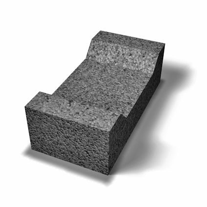 Grå lättklinkerblock med oregelbunden form och kornig yta på vit bakgrund.