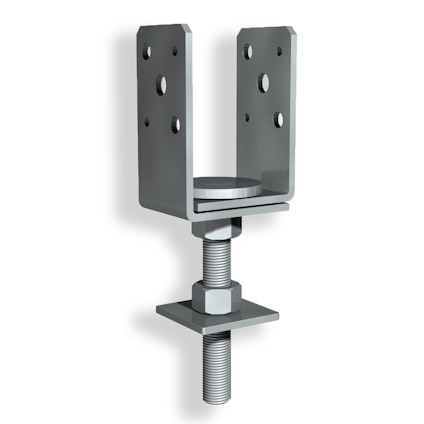 Metallfäste med justerbar skruv och flera hål, designad för stolpmontage.