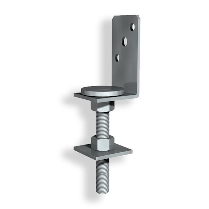 Metallisk stolpsko med justerbart gängat fäste och perforerad platta för montering.