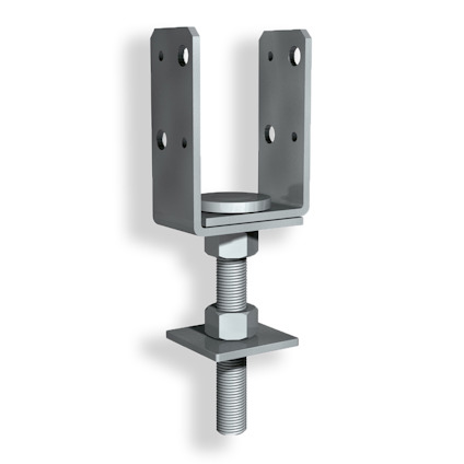 Metallbeslag med justerbar gängad del och U-formad topp med hål på sidorna, anpassad för montering.