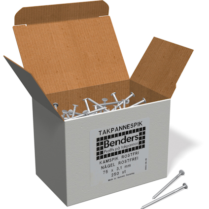 Öppen kartong med flera metallspikar och etikett med texten: "TAKPANNESPIK, Benders, 75x3,1 mm, 250 st".