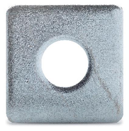 Fyrkantig metallbricka med ett centrerat runt hål. Robust yta med en blank finish.