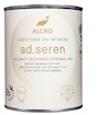 Vit färgburk med texten "ALCRO AD.SEREN", dekorativa symboler och information om produktens egenskaper.
