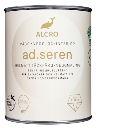 Vit färgburk med texten "ALCRO AD.SEREN", dekorativa symboler och information om produktens egenskaper.