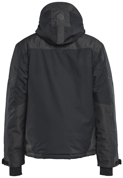 Svart jacka med luva och justerbara manschetter, sedd bakifrån, med förstärkningar på axlarna och ryggen.