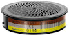 Gult och brunt gasfilter med etikett: "SR 315 ABE1", flera certifieringssymboler och streckkod.