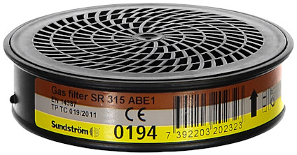 Gult och brunt gasfilter med etikett: "SR 315 ABE1", flera certifieringssymboler och streckkod.