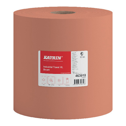 Brun torkpappersrulle med en etikett som visar texten "Katrin Industrial Towel XL Brown".